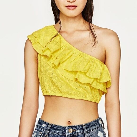 Zara One Shoulder Yellow Crop Top - Picture 1 of 4
